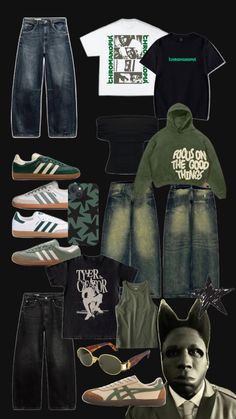 an assortment of clothing and shoes are arranged on a black background