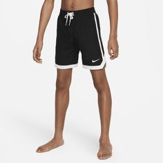 When basketball style meets swim technology—and they get along great. These swim shorts feature a mesh lining and a stretchy waistband with lace-up tabs for a comfortable fit in or out of the water. The pockets use mesh for quick water drainage, making these perfect for any water activity. Nike Sporty Bottoms For Poolside, Nike Swimming Bottoms For Beach, Nike Swimming Bottoms For Beach Season, Nike Bottoms For Swimming And Beach Season, Nike Swim Bottoms For Beach Season, Sporty Black Swimwear With Built-in Shorts, Sporty Swim Trunks With Drawstring And Short Length, Sporty Swim Trunks With Drawstring, Sporty Short Length Swim Trunks With Drawstring