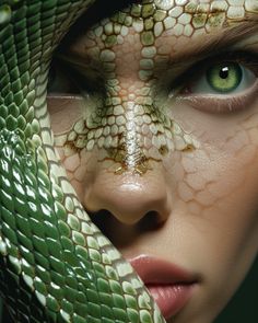 a woman's face is covered in green snakes