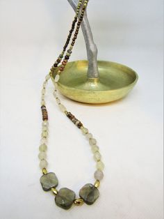 "LOVE this NATURAL STONE! This is a \"station necklace\"--the center focal area is 3 12x12mm flat faceted SMOKEY QUARTZ Squares; then a section of 8mm olive faceted rough cut glass that looks like stone in pale shades of olive green; a section of 4x6mm PICASSO JASPER (mined from Utah) in a fabulous assortment of colors and inclusions--from tan to taupe to amber to deep greens with brown and gray veining (YUMMY; then a section of irregular flat QUARTZ ovals, roughly 6x10mm; then more of that wond Useable Gifts, Tote Outfit, Farmers Market Bag, Free Gift Tags, Picasso Jasper, Natural Stones Necklace, Jasper Necklace, Green A, Paper Gift Bags