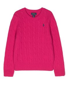 fuchsia pink wool-cashmere blend embroidered logo at the chest cable knit round neck long sleeves ribbed detailing Bright Pink Sweater, Polo Ralph Lauren Kids, Cable Knit Jumper, Ralph Lauren Kids, Kids Logo, Fuchsia Pink, Cashmere Wool, Knit Jumper, Pink Sweater