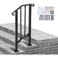 a set of stairs with hand rails and wrenches