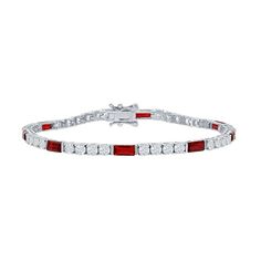 "With alternating red and white cubic zirconia gemstones, this sterling silver tennis bracelet complements your outfit beautifully. With alternating red and white cubic zirconia gemstones, this sterling silver tennis bracelet complements your outfit beautifully. Length: 7.5 in. Metal: sterling silver Plating: rhodium Finish: polished Packaging: boxedSTONE DETAILS Stone type: cubic zirconia Color: red, white Total weight: 5 ct. Center stone size: 7 mm x 3 mm Shape: emerald cut, round Setting: pro Red Cubic Zirconia Tennis Bracelet For Anniversary, Red Cubic Zirconia Bracelets For Anniversary, Formal Red Cubic Zirconia Tennis Bracelet, Classic Red Diamond Bracelet For Anniversary, Red Jubilee Tennis Bracelet For Anniversary, Formal Red Cubic Zirconia Bracelet, Classic Red Diamond Bracelets, Red Cubic Zirconia Diamond Bracelet As A Gift, Silver Tennis Bracelet