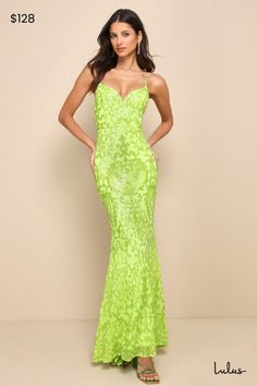 The Lulus Limitless Glamour Lime Green Sequin Lace-Up Maxi Dress is a statement-making look that will make you the star of any party! Sheer mesh, embellished with a mesmerizing design of stunning sequins, shapes this eye-catching dress that features a princess-seamed bodice, a romantic sweetheart neckline (with a supportive V-bar), and slender straps that flow into a lace-up design atop the open back. The high, fitted waist tops a figure-flaunting, mermaid maxi skirt with a subtle train at the b Mermaid Maxi Skirt, Green Sequins, The Star, Sweetheart Neckline, Lime Green, Open Back, Maxi Skirt, Bodice, Sequin