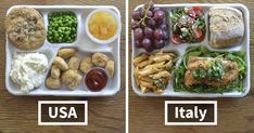 two trays filled with different types of food on top of a wooden table next to each other