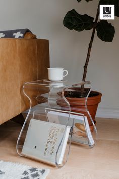 there is a glass table with books on it and a potted plant in the corner