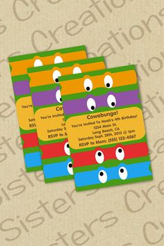 four business cards with cartoon eyes and the words congratulations written on them, all in different colors