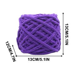 a purple ball of yarn is shown with measurements for the size and width on it