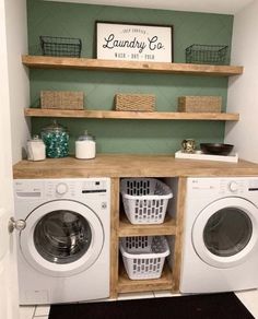 These small laundry room ideas will help you design an efficient space for washing, drying, and folding your clothes. Open Shelf Laundry Room, Townhome Design, Mansion Bathroom, Dekorere Bad, Camp Ground, Stylish Laundry Room, House Storage, Garage Laundry, Pantry Room