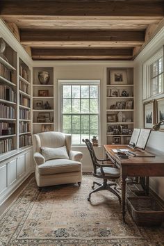 Book Shelves In Office Small Spaces, Home Office For Three People, Cottage Study Room Home Office, Office With Ladder Bookshelf, English Cottage Style Library, Colonial Office Interior, European Farmhouse Office, New England Office, Office In Primary Bedroom