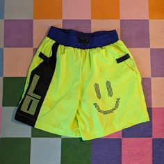 Never Worn! Perfect Condition Funky Shorts Or Swim Trunks! Brand: Lazy Oaf Size: Xs Color: Neon Yellow With Cobalt Blue Waistband And Black Accents Material: Microfiber Fabric, Elastic Bungee Cord Waistband With Pignose Toggles, Welt Pocket In The Back -- 100% Polyester Ideal Wardrobe, Lazy Oaf, Bungee Cord, Kids Swimwear, Black Accents, Shorts Athletic, Neon Yellow, Athletic Shorts, Swim Trunks