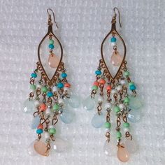 These Earrings Were Made By Private Label Jewelry Company. They Are Gold With Colors Of Peach, Pale Blue, Mint, And White Beading. Bohemian Chandelier, Jewelry Beautiful, Jewelry Companies, Private Label, Chandelier Earrings, Pale Blue, Blue Gold, Beaded Earrings, Beading