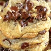 chocolate chip cookies stacked on top of each other