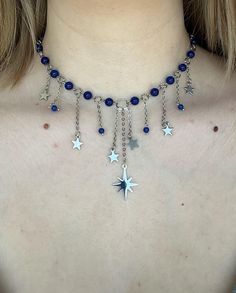 ‘Midnight Sky’ Necklace ⭐️ made with blue stone beads, and complete stainless steel materials 35cm + 6cm extension chain available on my etsy, link in bio #explorepage #jewelry #stars #necklace Necklace Beaded Ideas, Space Jewelry Diy, Midnights Jewelry, Beaded Chain Necklace Diy, Alt Beaded Jewelry, Simple Beaded Necklace Ideas, Chain Bead Necklace, Blue Star Necklace, Neckles Ideas