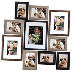 a collage of different frames with wedding pictures on the front and back, each displaying a bride and groom's bouquet