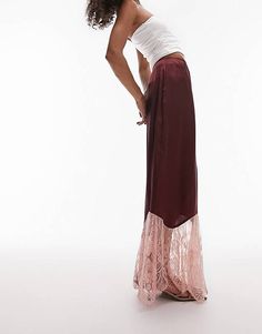 Topshop satin lace mix fishtail maxi skirt in oxblood and pink | ASOS Godet Skirt, Maxi Lace Skirt, Maxi Rok, Lace Midi Skirt, Fishtail Skirt, Mesh Maxi Dress, Style Finder, Lace Kimono, Satin Skirt