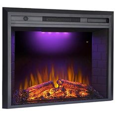 an electric fireplace with flames and purple lighting