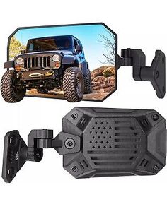 the front and rear view mirrors are shown with an image of a jeep on it