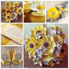 yellow and white flowers are arranged in pictures