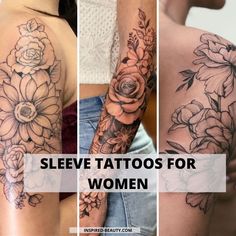 four different tattoos for women with flowers on their arm and shoulder, one in black and white