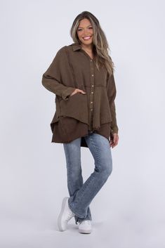 The Stone Cold Shacket by Oli & Hali is a mineral washed double gauze shacket. It features a hood, button closure, long sleeves and a collared neckline. It offers a relaxed and oversized fit. The contrasting fabrics and raw cut details make this shacket so amazing, you will not want to pass this one up! Fabric:100% Cotton Contrast: 53% Cotton, 47% Polyester Measurements: Bust (Size M): 31'' Length (Size M): 28'' Missy Fit S 0/6-8 M 6-10 L 10-16 Denim Jacket Short, Denim Joggers, Stone Cold, Graphic Tops, Boot Cut Denim, Tall Girl, Double Gauze, Wide Leg Denim, Cardigan Tops