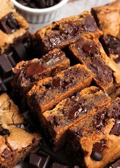 chocolate chip cookie bars stacked on top of each other