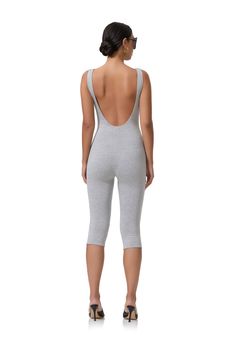 Tahlia Capri Catsuit - Heather Grey Chic Stretch Bodysuit With High-cut Leg, Chic Bodycon Bodysuit For Loungewear, Chic Fitted High-cut Leg Bodysuit, Chic Summer Bodysuit With Scoop Back, Bodycon Elastane Bodysuit For Loungewear, Spring Bodysuit For Loungewear, Spring Elastane Bodysuit For Loungewear, Spring Bodycon Bodysuit For Loungewear, Fitted Backless Jumpsuits And Rompers For Loungewear