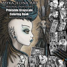 an adult coloring book with pictures of people and animals on the cover, including a woman's face