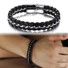 Features: Carefully crafted with two different materials such as genuine leather and high-quality stainless steel Features a unique pattern wristband with stainless steel details in the center make this jewelry look simple yet classy Provides longer-life, non-fading, hypoallergenic and safe to wear throughout the day T Modern Stainless Steel Braided Bracelets For Everyday, Black Stainless Steel Wristband, Modern Stainless Steel Leather Bracelet With Black Band, Modern Leather Bracelet With Metal Black Band, Modern Metal Leather Bracelet With Black Band, Modern Leather Bracelet With Stainless Steel Clasp, Silver Minimalist Leather Bracelet, Black Stainless Steel Leather Bracelet For Everyday, Masculine Black Leather Bracelet With Stainless Steel