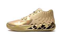 The Puma MB. 01 "Golden Child" is a flashy, gold-based colorway of LaMelo Ball’s first signature shoe.  From the Puma MB “Rare Reserve” collection, the Puma MB. 01 “Golden Child” was originally made exclusively for Ball to wear in the NBA before it received a retail release.  The shoe features a breathable mesh construction in metallic gold.  Ball’s signature “1 of 1” branding is seen on the forefoot and a “wings” motif appears on the collar.  Underfoot, Puma’s NITRO FOAM cushioning in the midso Vb Shoes, Hoop Shoes, Bball Shoes, Gold Basketball Shoes, Mb 01, Puma Outfit, Best Basketball Shoes, Lamelo Ball, Shoes Sale