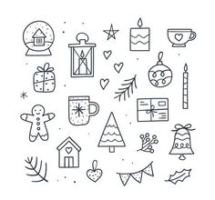 hand drawn christmas icons in black and white, including candles, presents, gifts, decorations