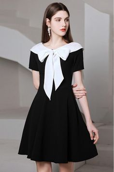 Shop romantic bow knot black and white semi party dress with short sleeves online. Sheprom offers formal, party, casual & more style dresses to fit your special occasions. Black Ans White 3/4 Sleeve Coctail Dress, Sleeved Semi Formal Dresses, Black And White Formal Dress Knee Length, Black Semi Formal Dresses Sheprom, Black And White Cocktail Dress Plaid, Party Wear Dresses Western Short Black, Party Wear Short One Piece Dresses Western, Bow Dress Outfit, Black White Dress Outfit