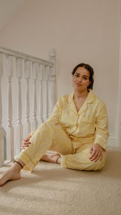 "100% Organic cotton long sleeve and trouser pyjama set. Our fabric is handprinted in India using traditional block-printed methods.  The set comes with a collared shirt top with button-front style. The trousers have an elasticated waist with a drawstring and piping around the bottom. The top is a comfortable fit whilst trousers are true to size. This is a classic style with a contemporary feel. *We pride ourselves on the quality of our cotton and all sets are machine washable (colour will not r Relaxed Fit Long Sleeve Loungewear Set, Yellow Relaxed Fit Loungewear Sets, Yellow Relaxed Fit Sleepwear For Lounging, Relaxed Fit Bedtime Sets With Long Pants, Bedtime Sets With Relaxed Fit Long Pants, Yellow Relaxed Fit Lounge Sets, Yellow Long Sleeve Sleepwear For Lounging, Relaxed Fit Long Sleeve Pant Set, Yellow Long Sleeve Sets For Pajama Party