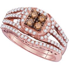 GND 10K Rose Gold Bridal Wedding Ring Set with Prong-Set Brown and White Diamonds - 1.00 Carat Total Diamond Weight White Gold Bridal Set, Wedding Ring Bands Set, Diamond Wedding Rings Sets, Womens Rings Fashion, Rose Gold Bridal, Diamond Fashion Rings, Bridal Wedding Rings, Bridal Ring Sets, Brown Diamond