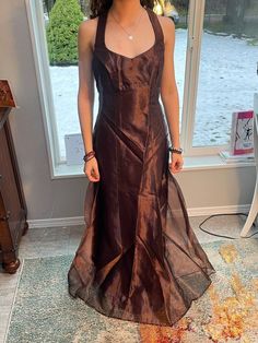 Halter top brown metallic shear layered formal dress with cross straps in the back and a fit and flare shaping  asking $75 or best offer. size 4 Brown Dress, Halter Neckline, Cross Straps, Dress Clothes For Women, Formal Dress, Halter Top, Fit And Flare, Beautiful Dresses, Favorite Outfit