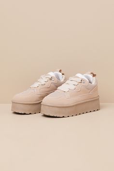 Elevate your too-cool street style (literally) with the Eilika Sand Suede Lace-Up Flatform Sneakers! Smooth faux suede and sleek woven fabric come together to shape these trend-setting kicks with a rounded toe and a chunky, light beige lace-up vamp with a padded, faux fur-lined tongue. The low-cut collar boasts a padded pull tab that peeks out at the back, all atop an eye-catching flatform sole. 1. 75" flatform heel. Lightly cushioned insole. Rubber sole has nonskid markings. Man Made Materials. Flatform Sneakers, Suede Lace, Flat Sneakers, Pull Tab, Come Together, Light Beige, Low Cut, Faux Suede, Woven Fabric