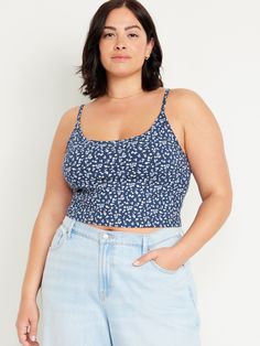 scoop neck adjustable spaghetti straps shelf bra fitted hits at waist models are approx.  5'9" and wear sizes s (4), l (12), and xl (18)machine wash according to the care instruction label Casual Blue Crop Top With Adjustable Straps, Blue Cami Crop Top With Adjustable Straps, Casual Crop Top With Adjustable Straps And Scoop Neck, Casual Scoop Neck Crop Top With Adjustable Straps, Blue Spaghetti Strap Crop Top, Bra-friendly, Blue Camisole With Spaghetti Straps And Bra Friendly, Blue Crop Top With Built-in Bra And Spaghetti Straps, Blue Crop Top With Spaghetti Straps And Built-in Bra, Blue Spaghetti Strap Crop Top With Built-in Bra