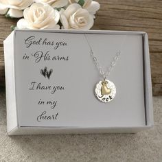 God has you in His arms, I have you in my heart, memorial jewelry, Mom, Dad, Friend, Brother, Sister Dainty Sterling Silver Charm Necklaces For Keepsake, Heart Charm Necklace For Anniversary, Meaningful Hand Stamped Charm Necklace Gift, Hand Stamped Heart Pendant Jewelry For Mom, Inspirational Jewelry With Heart Charm For Gift, Hand Stamped Charm Necklace For Valentine's Day, Sterling Silver Necklace With Gift Box For Anniversary, Sterling Silver Stamped Jewelry For Anniversary, Inspirational Keepsake Jewelry For Mother's Day