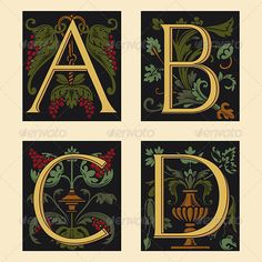 the letter b, c, person and d in art nouveau style with floral ornaments