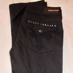 Affliction Los Angeles Jade Black Stud Cross Embroidered Bootcut Jeans Size 30 Nwt Affliction Women's Jade Black Bootcut Jeans Embroidered Stud And Cross Detail Size 30 Nwt Made Of 99% Cotton & 1% Spandex Vintage Boot Cut Perfect Fit Single Button & Zip Fly 2 Front Pockets Pyramid Stud Coin Pocket Custom Pyramid Stud Back Pockets With Embroidered Cross Detail Flap Button Closure Beautiful Buttons Affliction Los Angeles Style# 01bc124 Color: Black Out Please Note The Flash Makes The Jeans Lighter Studded Clothes, Gothic Jeans, Y2k Low Rise Jeans, Affliction Clothing, Black Bootcut Jeans, Cute Sweatpants, Embroidered Cross, Angel Outfit, Black Stud