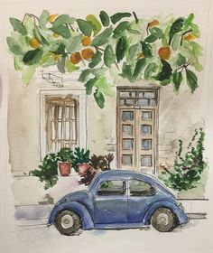 a watercolor painting of a blue car parked in front of a building with oranges on the tree