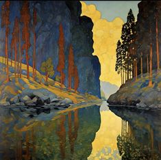 a painting of trees and mountains reflected in the water