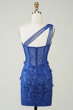 Unique Sheath One Shoulder Royal Blue Short Homecoming Dress with Appliques Corset Homecoming Dress, Black Lace Formal Dress, Red Lace Prom Dress, Burgundy Homecoming Dresses, Royal Blue Shorts, Red Homecoming Dresses, Dress With Sequins, Green Mermaid, Lace Formal Dress