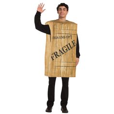 a man in a cardboard box costume with the words fragile on it and his hand raised up