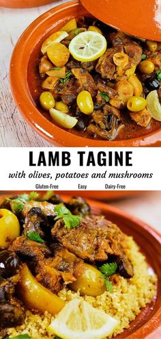 two orange bowls filled with lamb tagine and lemons on top of couscous