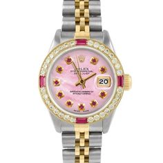 SKU#: 6917-TT-PMOP-RBY-AM-4RBY-JBLPre-Owned Rolex 6917 Ladies 26mm Datejust Watch, Custom Pink Mother of Pearl Ruby Dial & Custom Ruby and Diamond Bezel on Rolex Yellow Gold & Stainless Steel Jubilee Band Model#: 6917 Case: Rolex 26mm Stainless Steel Case Movement: Rolex Automatic 2035 Caliber Dial: Custom Pink Mother of Pearl Dial with Ruby Hour Markers (Not Made by Rolex) Bezel: Custom Ruby and Diamond Bezel (Not Made by Rolex) Band: Rolex Yellow Gold & Stainless Steel Jubilee Band This Beauti Rolex 26mm, Wooden Watch Box, Rainbow Pearl, Pink Watch, Rolex Models, Wooden Watch, Valentines Jewelry, Pre Owned Rolex, Pearl Diamond