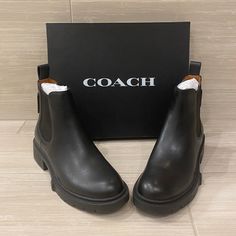 Coach Black Leather Lyden Booties **Brand New All Original Packing, Only Worn To Try On Leather Upper Man-Made Leather Lining And Footbed Rubber Outsole Pull On Shaft: 4 3/4" Height, 9 3/4" Circumference 3/4" Heel Casual Chelsea Boots With Round Toe, Casual Ankle Boots With Branded Heel, Casual Chelsea Boots With Branded Insole And Almond Toe, Cushioned Closed Toe Boots For Work, Cushioned Closed Toe Work Boots, Workwear Boots With Cushioned Footbed, Coach Ankle-high Casual Boots, Coach Casual Ankle-high Boots, Casual Coach Ankle-high Boots