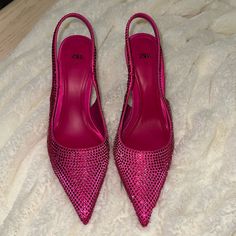 These Are The Perfect Color For The Upcoming Spring Season! These Have Never Been Worn And Are Basically Brand New. If You See The Photos The Bottoms Are In Perfect Condition. All The Rhinestones Are Still In Place In The Shoes There Are In Exquisitely Perfect Condition ! Pink Rhinestone Pointed Toe Heels, Chic Pink Heels With Rhinestones, Evening Pink Bling Heels, Zara Sparkling Heels For Party, Bling Pointed Toe Heels, Zara Sparkling Party Heels, Zara Heels With Rhinestones For Wedding, Zara Wedding Heels With Rhinestones, Glamorous Sparkling Zara Heels