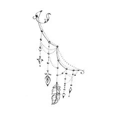 a drawing of a dream catcher with feathers and beads hanging from it's side