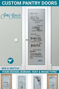 custom pantry doors with the words, coffee and bread on them in different styles or colors